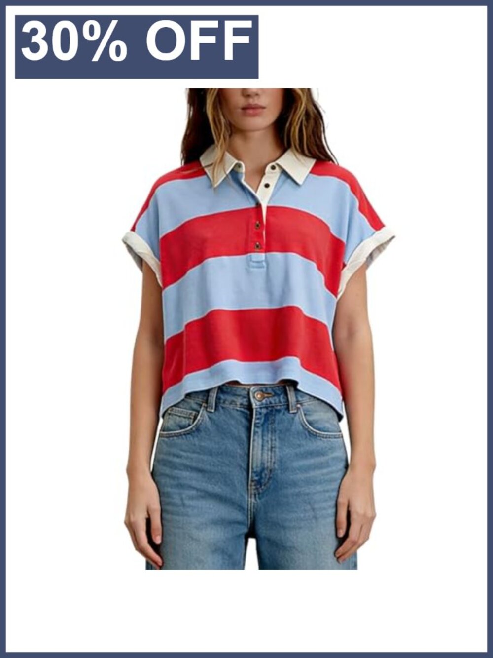 Y2K Striped Oversized Polo Shirt for Women Baggy Short Sleeve Collared Cropped